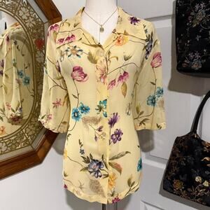 VTG Y2K Ultra Dress Sheer Yellow Silk & Multi Floral Button Down Collared Top